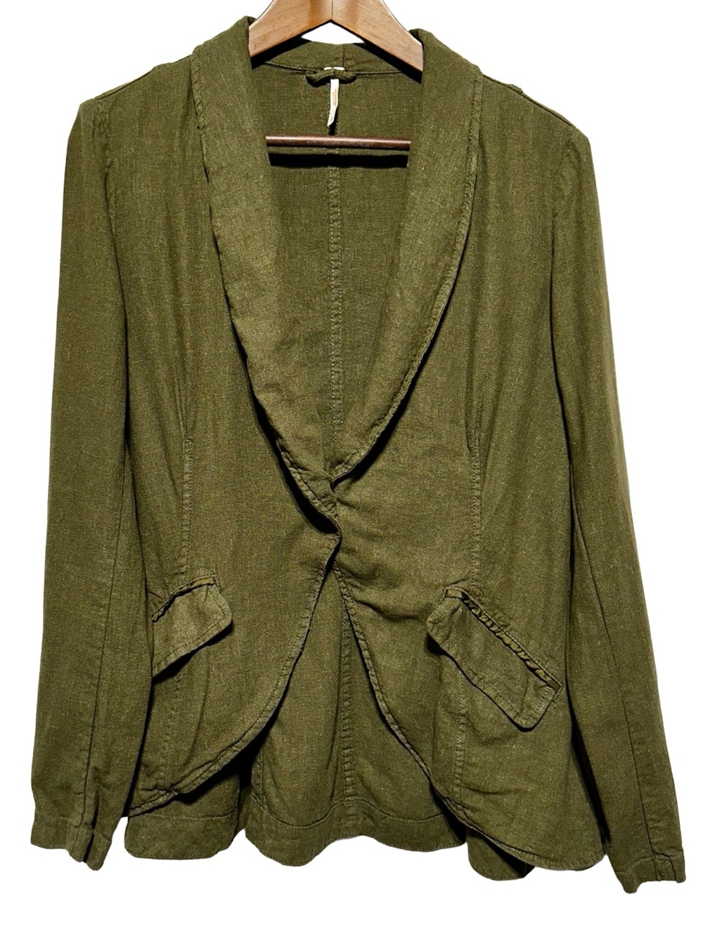 Free People Olive Linen Blend Open Front Jacket Boho Lagenlook Utility Layer